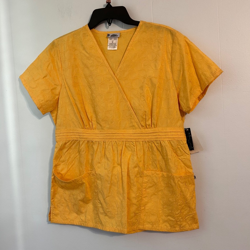 Cherokee Studio Yellow Embroidered Circle Mock Wrap Scrub Top 3859 Womens Medium